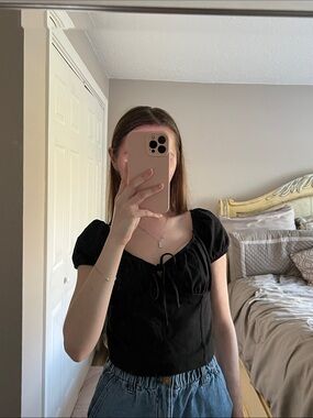 Garage Black Puff-Sleeve Tie Front Top